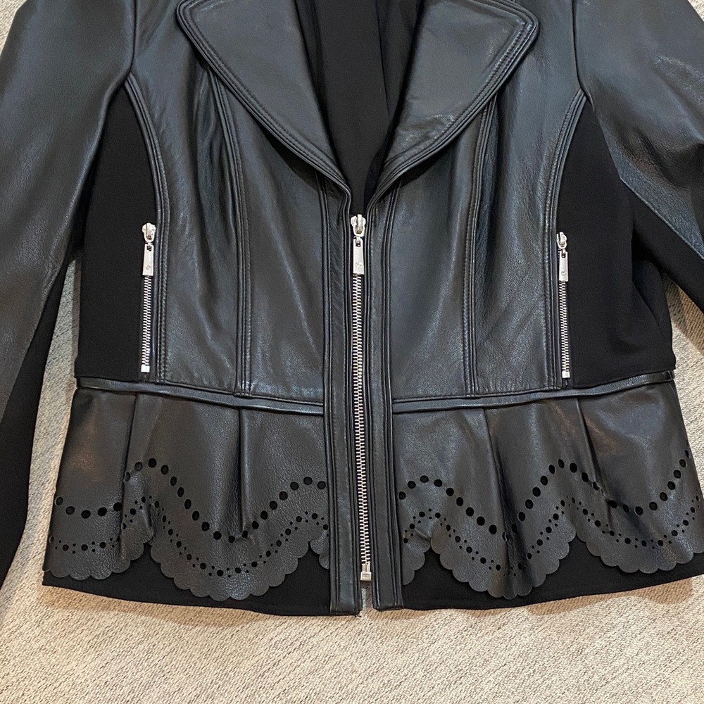 WHBM Black Leather Jacket with Scalloped Detail - Picture 6 of 9
